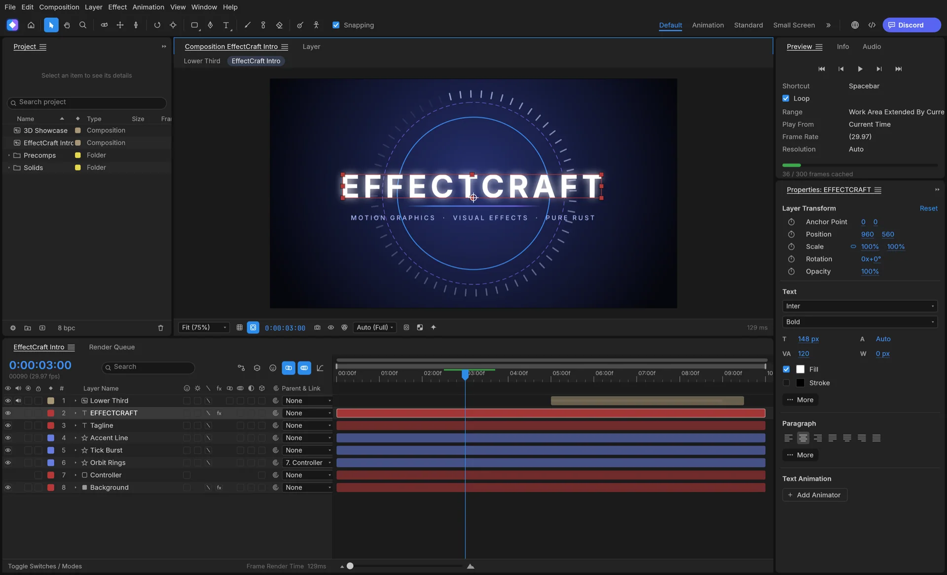 EffectCraft 主窗口:合成面板中的动画演示合成、项目面板、带文字与形状图层的时间轴,以及属性面板